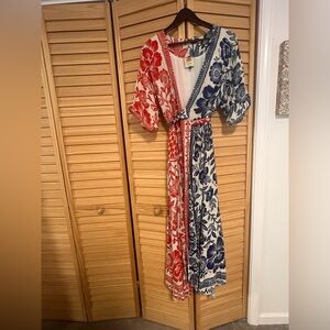Farm Rio Red and Blue floral wrap dress